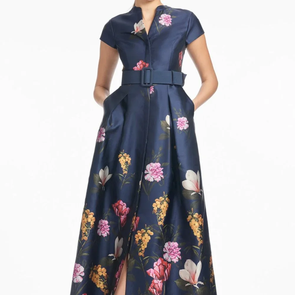Sachin & Babi Midnight Garden Blue Marta Floral Print Satin Gown - Picture 1 of 6